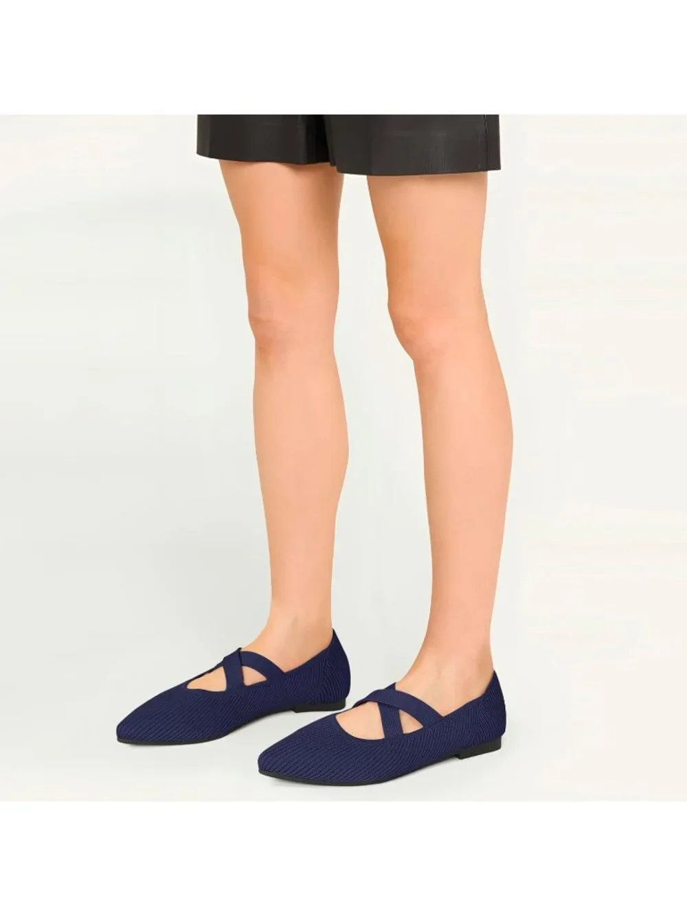 Women's Navy Knit Mary Jane Flats Pointed Toe Comfortable Slip On Dressy Shoes
